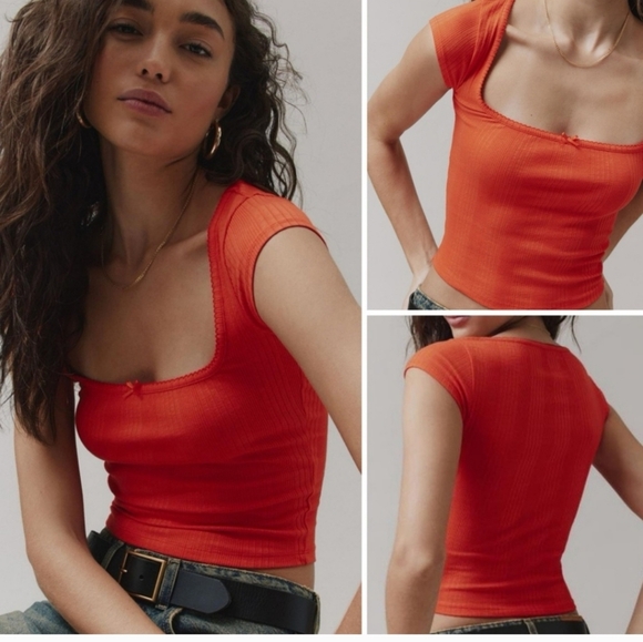 BDG Urban Outfitters Olivia Picot Square Neck Top in Red/orange. Size M NWOT - Picture 4 of 11